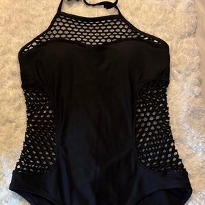 Mossimo One Piece Swimsuit Black Small Halter Neck Mesh Sides